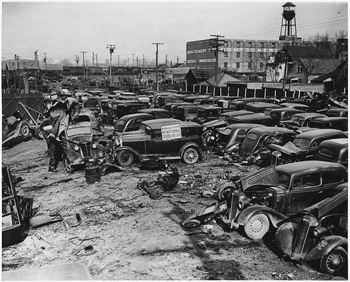 Junked autos and trucks gathered for scrap